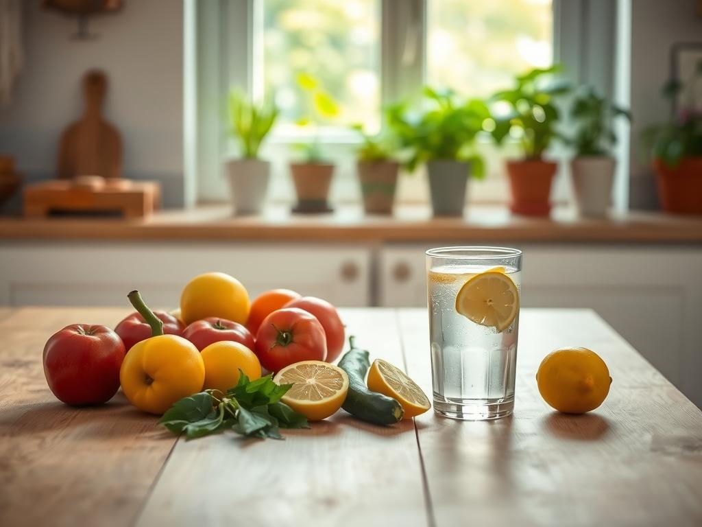 A serene kitchen scene with a wooden table, fresh fruits and vegetables, and a glass of water and lemon slices. The lighting is soft and natural, casting a warm glow over the scene. In the background, a row of potted plants lines the windowsill, providing a connection to the outdoors. The overall atmosphere is one of simplicity, balance, and a focus on wholesome, nourishing foods as the foundation for a healthy lifestyle.