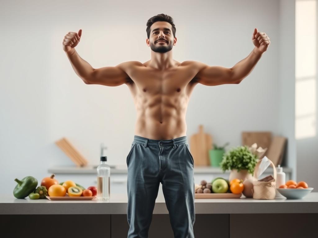 A serene, minimalist composition depicting a person's journey to lose 20 kilos. In the foreground, a slim, fit individual stands triumphantly, their body language radiating confidence and vitality. The middle ground features a well-stocked kitchen counter, with fresh produce, healthy snacks, and a water bottle, symbolizing the importance of a balanced diet. The background blurs into a calming, neutral-toned environment, suggesting a sense of tranquility and focus. Soft, natural lighting illuminates the scene, casting a warm, inspiring glow. The overall mood is one of accomplishment, sustainability, and the mastery of one's health goals.