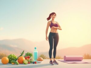 A serene, minimalist illustration depicting a person on a fitness journey without surgical intervention. In the foreground, a person in comfortable athletic wear stands tall, radiating a sense of confidence and determination. The middle ground showcases a variety of healthy lifestyle elements, such as fresh produce, a water bottle, and a yoga mat, symbolizing a holistic approach to weight management. The background features a soft, blurred landscape with gentle hills and a calming sky, conveying a sense of balance and tranquility. The lighting is soft and natural, emphasizing the organic, achievable nature of the weight loss process. The overall composition and mood evoke a feeling of empowerment and the belief that one can reach their desired physique through sustainable, non-invasive methods.