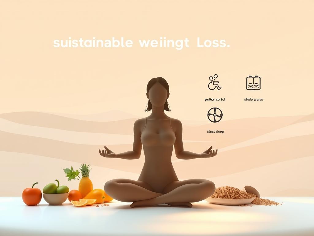 A serene, minimalist illustration of healthy lifestyle tips for sustainable weight loss. In the foreground, a silhouette of a person in a calm, meditative pose, surrounded by nourishing foods like fresh fruits, vegetables, and whole grains. In the middle ground, icons representing key weight loss strategies - portion control, regular exercise, stress management, and sufficient sleep. The background features a soothing, abstract landscape of soft, pastel gradients, evoking a sense of balance and tranquility. Lighting is soft and diffused, creating a warm, inviting atmosphere. The overall composition conveys a holistic, long-term approach to weight management. A serene, minimalist illustration of healthy lifestyle tips for sustainable weight loss. In the foreground, a silhouette of a person in a calm, meditative pose, surrounded by nourishing foods like fresh fruits, vegetables, and whole grains. In the middle ground, icons representing key weight loss strategies - portion control, regular exercise, stress management, and sufficient sleep. The background features a soothing, abstract landscape of soft, pastel gradients, evoking a sense of balance and tranquility. Lighting is soft and diffused, creating a warm, inviting atmosphere. The overall composition conveys a holistic, long-term approach to weight management.
