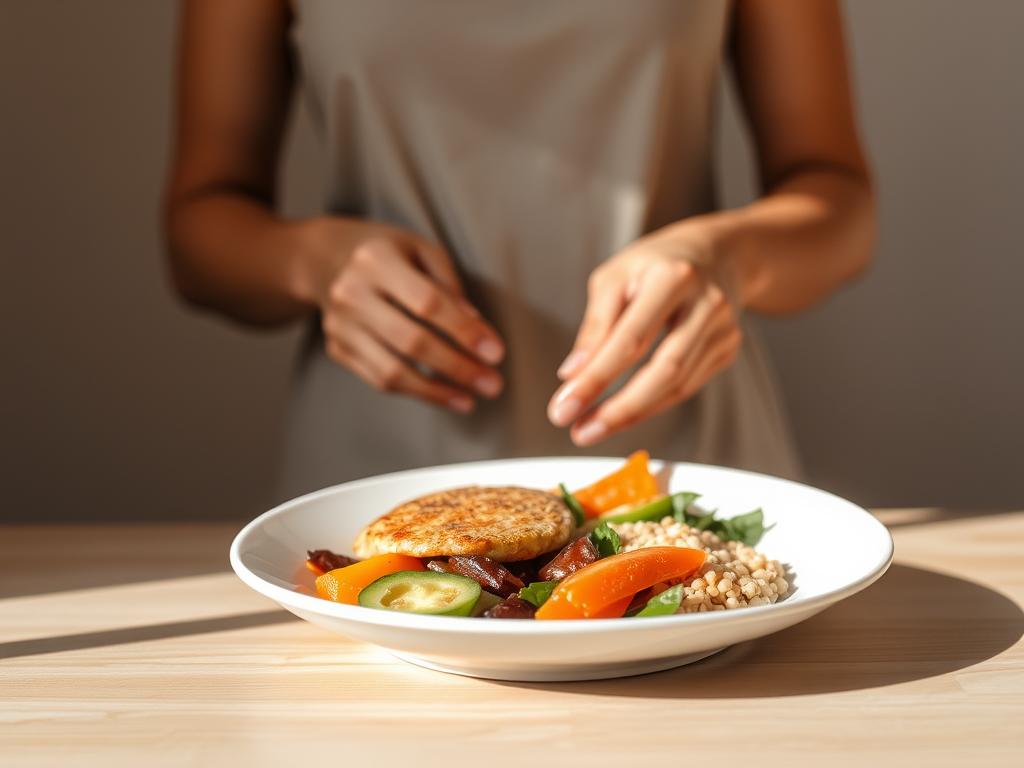 A serene, minimalist kitchen scene with a focus on a healthy meal prep. In the foreground, a clean white plate features a balanced portion of lean protein, fresh vegetables, and a small side of whole grains. Warm, natural lighting casts a soft glow, highlighting the vibrant colors of the food. In the middle ground, a pair of hands carefully arranging the meal, conveying a sense of intentionality and care. The background features muted, earthy tones - perhaps a wooden table or countertop - creating a calming, uncluttered environment. The overall mood is one of simplicity, wellness, and a mindful approach to eating for weight loss.