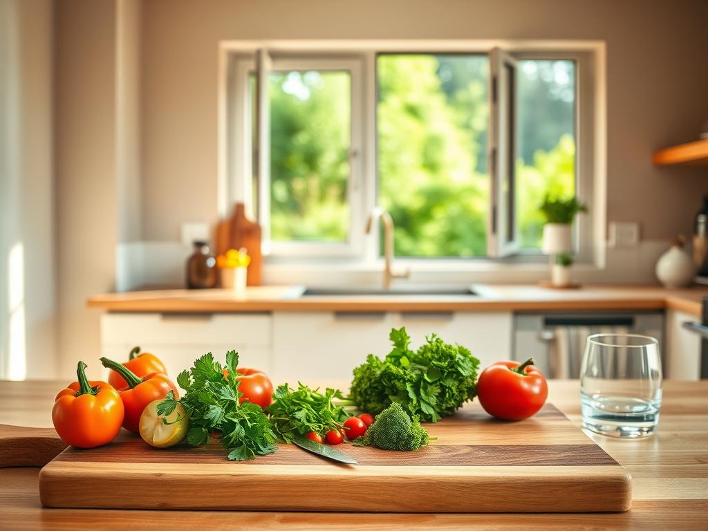 A serene, minimalist kitchen scene with warm, natural lighting and a clean, uncluttered aesthetic. In the foreground, a wooden cutting board holds a selection of fresh, vibrant vegetables, herbs, and a simple meal being prepared. The middle ground features a modern, light-colored kitchen counter, with a few carefully placed kitchen utensils and a glass of water, conveying a sense of balance and simplicity. The background showcases a large, open window overlooking a lush, verdant outdoor scene, creating a calming, harmonious atmosphere that inspires healthy living. The entire composition evokes a feeling of mindfulness, wholesome nourishment, and a balanced, uncomplicated approach to daily life.