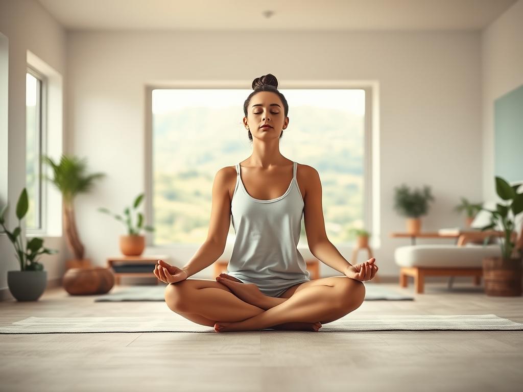 A serene, minimalist scene depicting sustainable lifestyle changes and energy fasting. In the foreground, a person sits in a lotus position, eyes closed, radiating calmness and focus. The middle ground features a simple, uncluttered living space with natural elements like potted plants and wooden furniture. The background showcases a panoramic view of a lush, green landscape, evoking a sense of harmony and connection with nature. Soft, diffused lighting casts a warm, meditative glow, while the camera angle is slightly elevated, lending an air of introspection and tranquility. The overall mood is one of mindfulness, balance, and a journey towards greater vitality.