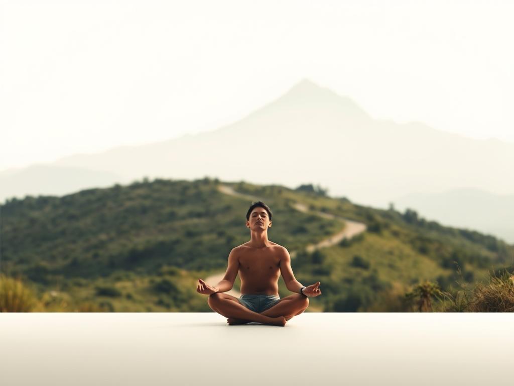 A serene, minimalistic scene depicting a person deep in contemplation, surrounded by elements that symbolize mental fortitude and inner drive. In the foreground, a solitary figure sits cross-legged, eyes closed, in a meditative pose, conveying a sense of focus and inner calm. The middle ground features a lush, verdant landscape, with a winding path leading into the distance, suggesting the journey of personal growth and self-improvement. In the background, a majestic mountain range rises, its peaks piercing the sky, evoking a sense of challenge, perseverance, and the pursuit of greatness. The lighting is soft and diffused, creating a warm, introspective atmosphere. The overall composition and mood convey the power of motivation and mental strength in the pursuit of one's goals, such as weight loss.