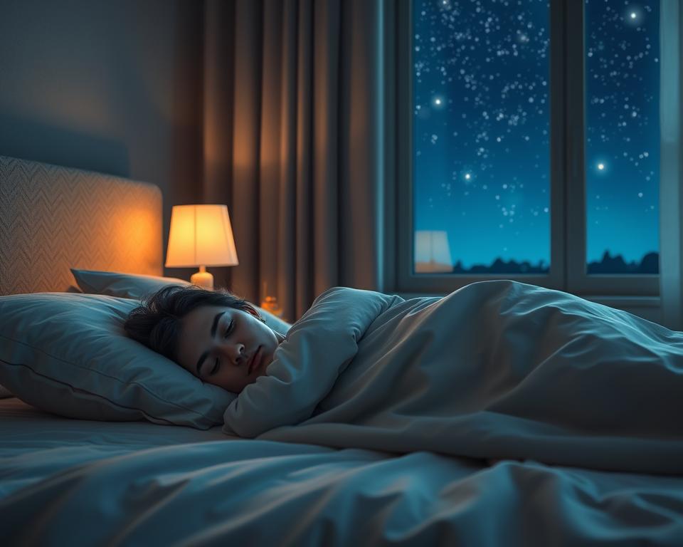 A serene nighttime bedroom scene illustrating the concept of deep sleep. In the foreground, a peacefully sleeping person, dressed in modest sleepwear, lies comfortably under a soft, warm blanket, their face tranquil and relaxed. The middle layer showcases a cozy bed with fluffy pillows and subtle textures that evoke comfort and restfulness. In the background, a softly dimmed nightstand lamp emits a warm glow, casting gentle shadows and enhancing the intimate atmosphere of the room. A large window reveals a clear night sky filled with twinkling stars, contributing to a sense of calm and tranquility. The overall mood is peaceful and inviting, emphasizing the importance of deep sleep for well-being. The angle captures the scene from a slightly elevated perspective, inviting viewers to reflect on the serenity of restful slumber.