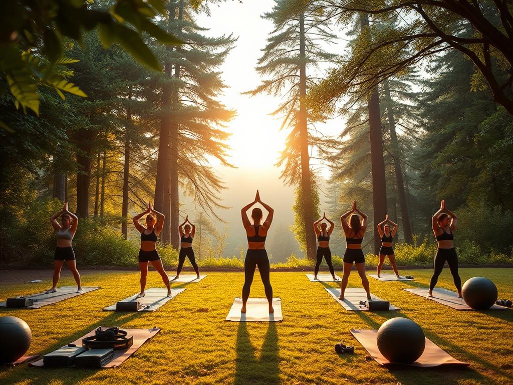 A serene outdoor fitness camp nestled in a lush, verdant landscape. In the foreground, a group of women engage in dynamic exercises, their forms lithe and graceful under the warm, golden glow of the sun. Middle ground features equipment like yoga mats, resistance bands, and medicine balls, all arranged in a harmonious layout. The background reveals a tranquil forest, its towering trees casting gentle shadows and evoking a sense of rejuvenation. Soft, diffused lighting bathes the scene, creating an atmosphere of mindfulness and wellness. The overall mood is one of empowerment, vitality, and the transformative power of physical fitness.