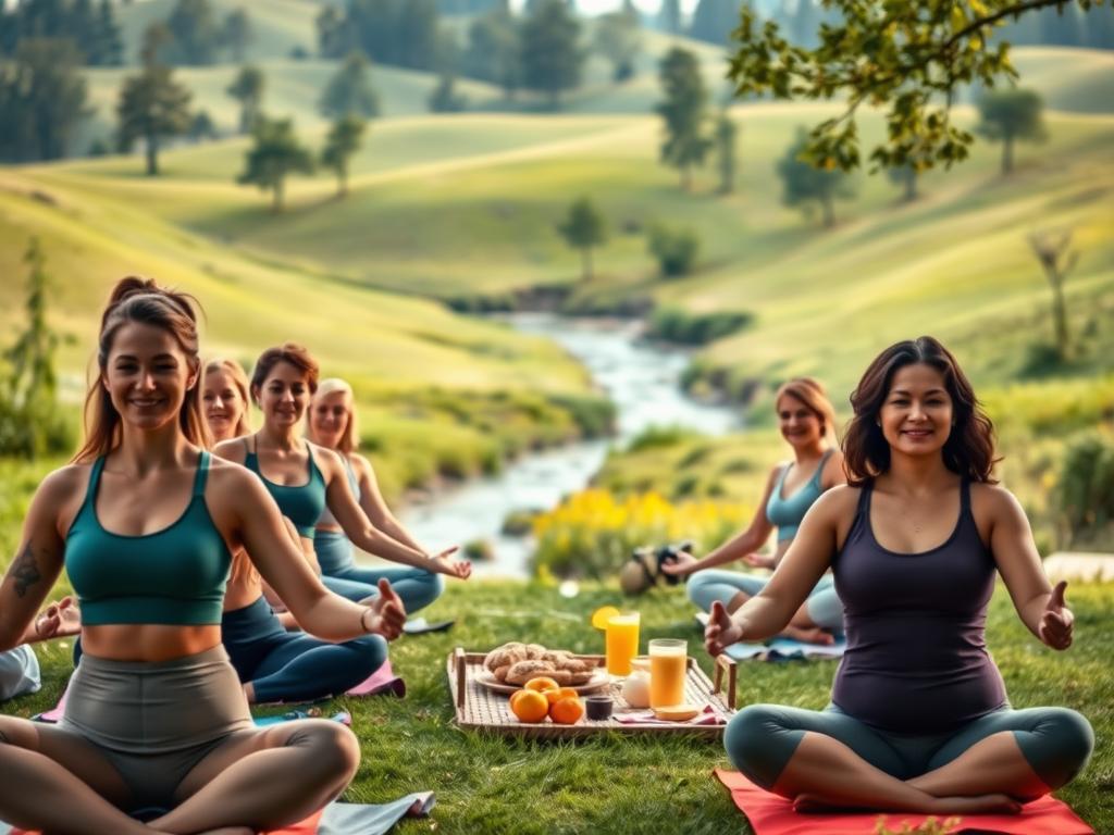 A serene outdoor scene of a weight loss camp for women. In the foreground, a group of women of diverse body types are engaged in a gentle yoga session, their faces radiating calm and focus. The middle ground features a picnic area with healthy snacks and drinks, surrounded by lush greenery and a tranquil stream. In the background, rolling hills dotted with tall trees create a peaceful, rejuvenating atmosphere. The lighting is soft and warm, highlighting the nurturing, supportive environment. The camera angle is slightly elevated, giving a sense of inclusivity and community. Overall, the image conveys the empowering and restorative nature of a women's weight loss camp.