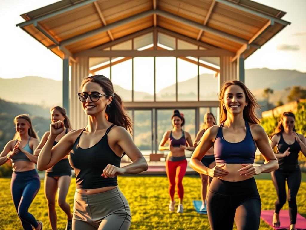 A serene outdoor setting featuring a well-equipped fitness camp for women. In the foreground, a group of women in activewear perform various exercises, their faces radiating determination. The middle ground showcases a modern, airy pavilion with floor-to-ceiling windows, providing a comfortable space for wellness workshops and nutrition education. In the background, rolling hills and lush greenery create a peaceful, rejuvenating atmosphere. Warm, diffused lighting washes over the scene, evoking a sense of relaxation and invigoration. The overall composition conveys the perfect blend of physical challenge and holistic self-care, embodying the essence of an effective weight loss camp for women.