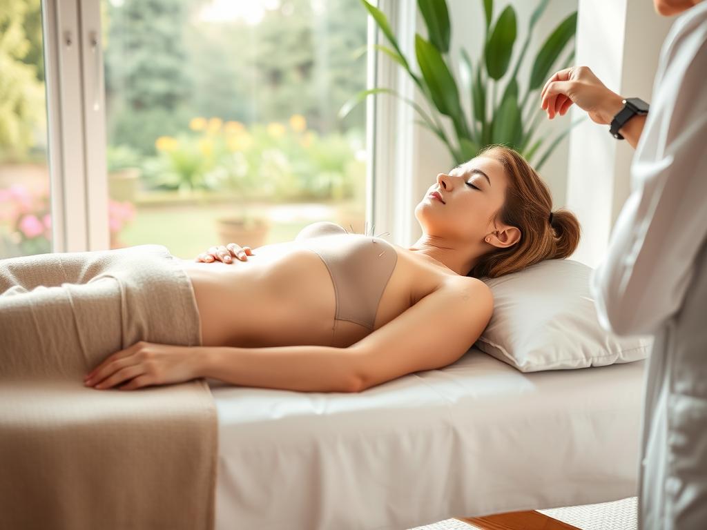 A serene scene of a person undergoing acupuncture treatment, set against a soothing backdrop of a tranquil garden. The patient reclines comfortably on a padded table, their eyes closed in a state of deep relaxation, as the acupuncturist carefully inserts slender needles into specific pressure points along their body. Soft natural light filters in through the large windows, casting a warm glow over the scene. The atmosphere is one of calm, focus, and the gentle pursuit of holistic wellness, conveying how acupuncture can help support weight loss goals through its balancing of the body's energy flow.