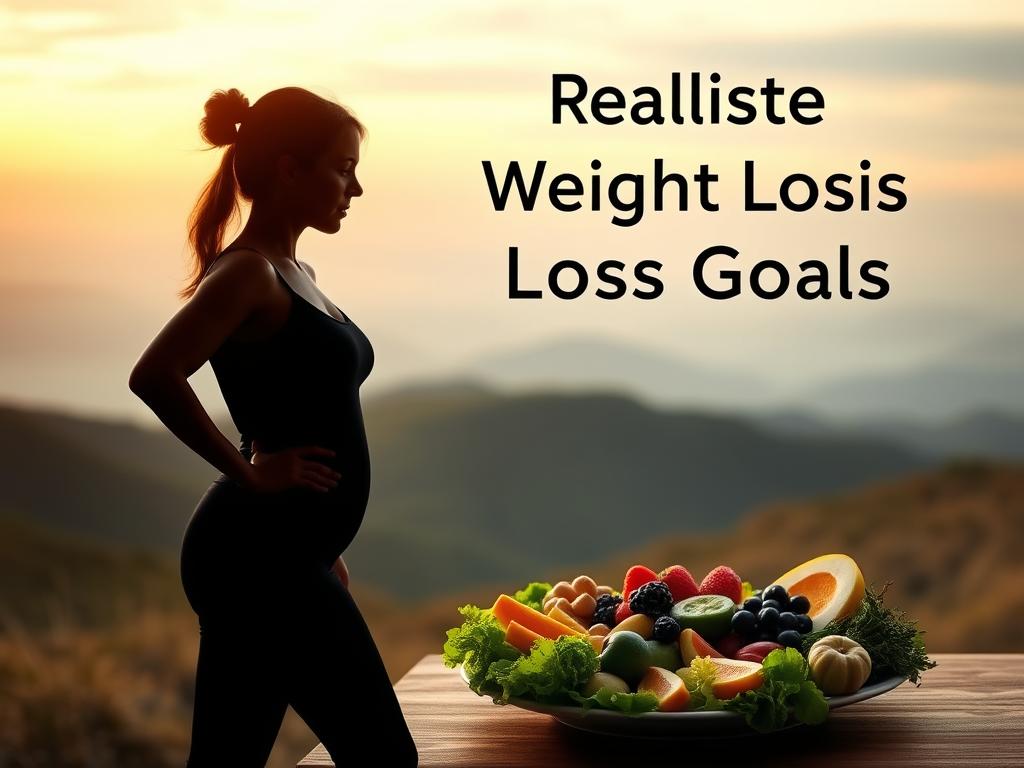 A serene, softly-lit scene depicting realistic weight loss goals. In the foreground, a person's silhouette stands tall and confident, their posture reflecting a sense of self-assurance. The middle ground showcases a balanced, healthy plate of nutritious foods, artfully arranged to highlight their vibrant colors and textures. In the background, a tranquil landscape unfolds, with rolling hills and a calming sky that evokes a feeling of peace and mindfulness. The lighting is warm and diffused, creating a calming and introspective atmosphere. The overall composition conveys the message of a sustainable, holistic approach to weight management, focusing on nourishment, self-care, and a balanced lifestyle.