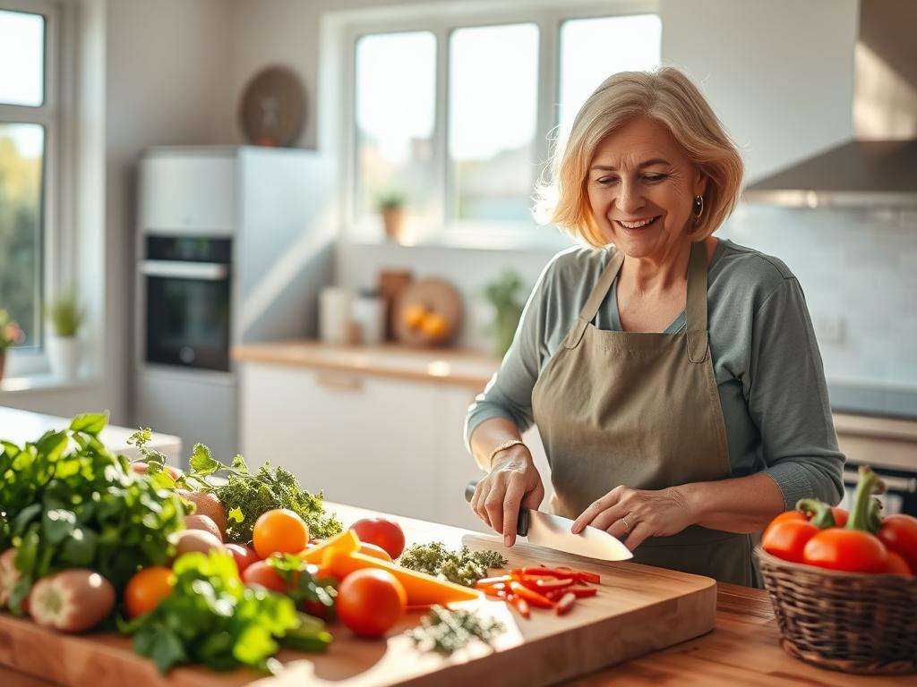 A serene, sun-dappled kitchen scene with a middle-aged woman preparing a healthy, balanced meal. In the foreground, a wooden cutting board features an array of fresh, colorful vegetables and herbs. The woman, wearing an apron, carefully chops ingredients with a sharp knife, her expression focused yet content. Soft natural light filters in through large windows, casting a warm, inviting glow over the scene. In the background, a spacious, modern kitchen with sleek appliances and minimalist decor creates a sense of calm and wellness. The overall mood is one of mindfulness, balance, and the joys of nourishing one's body at this stage of life. A serene, sun-dappled kitchen scene with a middle-aged woman preparing a healthy, balanced meal. In the foreground, a wooden cutting board features an array of fresh, colorful vegetables and herbs. The woman, wearing an apron, carefully chops ingredients with a sharp knife, her expression focused yet content. Soft natural light filters in through large windows, casting a warm, inviting glow over the scene. In the background, a spacious, modern kitchen with sleek appliances and minimalist decor creates a sense of calm and wellness. The overall mood is one of mindfulness, balance, and the joys of nourishing one's body at this stage of life.