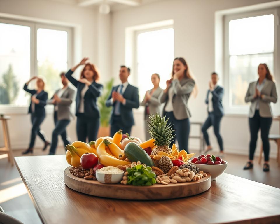 A serene wellness scene depicting a healthy lifestyle and tissue strengthening. In the foreground, a diverse group of individuals in professional business attire engaging in light exercise, such as stretching or yoga, showcasing their focus on health. In the middle, a variety of colorful, nutritious foods like fruits, vegetables, and nuts are artfully arranged on a wooden table, symbolizing a balanced diet. The background features a bright, airy room with large windows allowing natural light to pour in, creating a warm and inviting atmosphere. Soft sunlight casts gentle shadows, enhancing the peaceful mood. The overall composition conveys a sense of vitality and well-being, emphasizing the theme of connective tissue strengthening through healthy habits.