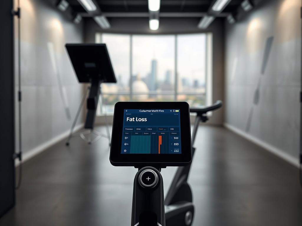 A sleek, high-tech ergometer set against a minimalist, studio-like backdrop. In the foreground, the ergometer's digital display showcases a customized workout plan for fat loss, with clear metrics and target zones. The middle ground features a clean, uncluttered space with a modern, industrial aesthetic - exposed concrete walls, metal accents, and subtle lighting. In the background, a blurred cityscape or natural landscape suggests an urban or athletic setting. The overall mood is focused, goal-oriented, and visually striking, reflecting the efficiency and effectiveness of the ergometer training plan.