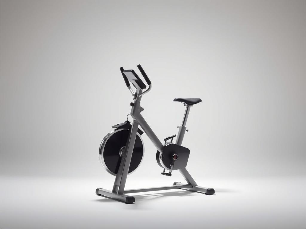 A sleek, modern ergometer machine stands prominently in the center of the frame, its polished metal and smooth curves illuminated by soft, directional lighting. The ergometer is positioned against a clean, minimalist background, allowing it to be the focal point of the image. The lighting casts subtle shadows, adding depth and dimension to the machine's design. The overall mood is one of simplicity, efficiency, and functionality - conveying the idea that this ergometer is an effective tool for weight loss and fitness. The angle of the shot is slightly elevated, giving the viewer a sense of the ergometer's sturdy build and high-quality construction, perfectly suited for a dedicated workout session.