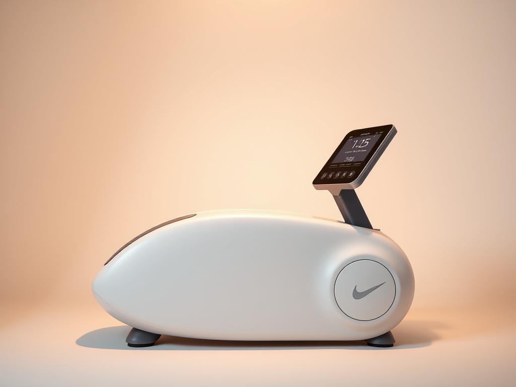 A sleek, modern fitness device prominently displayed on a minimalist background. The device has a smooth, streamlined design with intuitive controls and a digital display. Gentle lighting from above creates a warm, inviting atmosphere, highlighting the device's polished surfaces and ergonomic features. The composition places the fitness equipment as the central focus, emphasizing its role in the weight loss process. The overall scene conveys a sense of simplicity, efficiency, and the transformative potential of this specialized equipment.