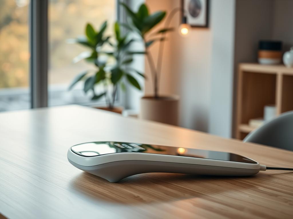 A sleek, modern fitness device rests on a minimalist wooden desk, its gleaming surface reflecting the warm, diffused light of a large window. The device's clean, ergonomic design exudes a sense of functionality and sophistication. In the background, a serene indoor plant and a few tasteful decor elements create a calming, inviting atmosphere. The image conveys the idea of a high-quality, user-friendly tool that can help transform one's lifestyle, seamlessly integrated into a thoughtfully designed living space.