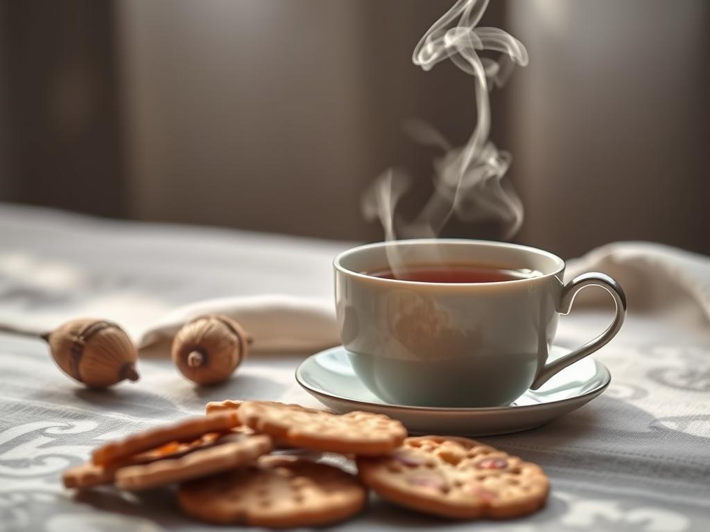 A soothing and calming scene of a steaming cup of tea set against a serene backdrop. The tea appears rich and fragrant, with wisps of steam curling upwards. In the foreground, a selection of healthy snacks - perhaps sliced fruit, nuts, or whole-grain crackers - are artfully arranged, suggesting the nourishing aspects of this mid-day respite. The lighting is soft and diffused, creating a cozy and intimate atmosphere. The overall mood is one of mindfulness, simplicity, and the gentle taming of hunger pangs through the ritual of tea and intermittent fasting.