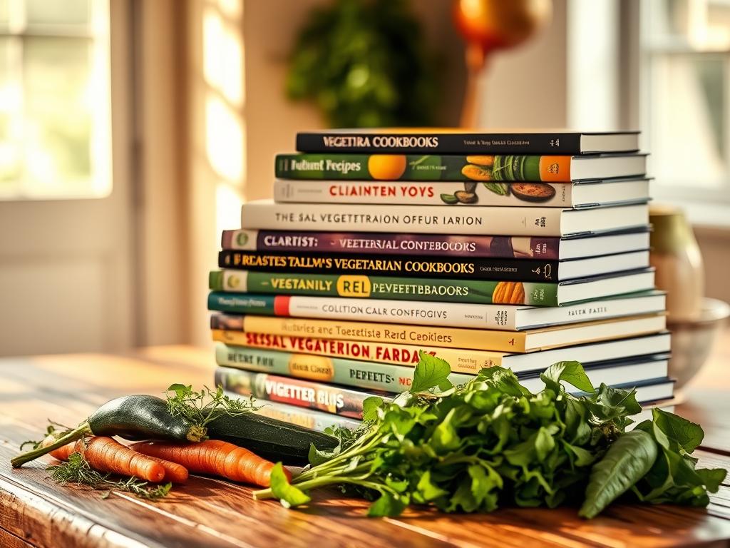A stack of hardcover vegetarian cookbooks arranged on a rustic wooden table, bathed in soft, warm lighting. The books feature vibrant imagery of seasonal produce and neatly organized recipes. In the foreground, a selection of fresh vegetables - carrots, zucchini, and leafy greens - are casually scattered, evoking the abundance of nature's bounty. The background is slightly blurred, creating a sense of depth and focus on the cookbooks as the central subject. The overall atmosphere is cozy, inviting, and celebrates the joys of seasonal, plant-based cooking. A stack of hardcover vegetarian cookbooks arranged on a rustic wooden table, bathed in soft, warm lighting. The books feature vibrant imagery of seasonal produce and neatly organized recipes. In the foreground, a selection of fresh vegetables - carrots, zucchini, and leafy greens - are casually scattered, evoking the abundance of nature's bounty. The background is slightly blurred, creating a sense of depth and focus on the cookbooks as the central subject. The overall atmosphere is cozy, inviting, and celebrates the joys of seasonal, plant-based cooking.