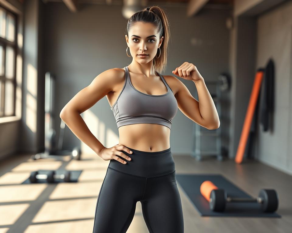 A strong, athletic woman with a well-defined six-pack abs stands confidently in a fitness studio. She is dressed in a stylish, modest workout outfit, including a fitted tank top and high-waisted leggings. Her hair is pulled back in a sleek ponytail, showcasing her focused expression. In the foreground, she engages in a dynamic pose, showcasing her strength and determination. The middle background features fitness equipment like weights and a yoga mat, creating an inspiring gym atmosphere. Soft, natural lighting streams in from a large window, highlighting the contours of her physique. The entire scene is infused with a sense of empowerment and motivation, emphasizing the attraction of a fit, healthy lifestyle.