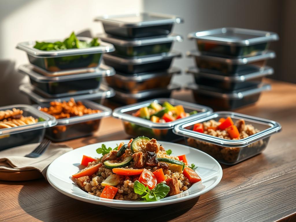 A stylish, minimalist still-life featuring a selection of prepmymeal dishes arranged on a wooden table. In the foreground, a plate showcases a hearty, visually-appealing meal, with vibrant vegetables, lean proteins, and whole grains. Behind it, additional prepmymeal containers are neatly stacked, conveying the convenience and versatility of the meal prep system. Soft, natural lighting illuminates the scene, creating a warm, appetizing atmosphere. The composition is balanced, with clean lines and a focus on the high-quality, freshly-prepared food. An elegant, lifestyle-driven image that embodies the "Beliebte Gerichte mit prepmymeal" theme.