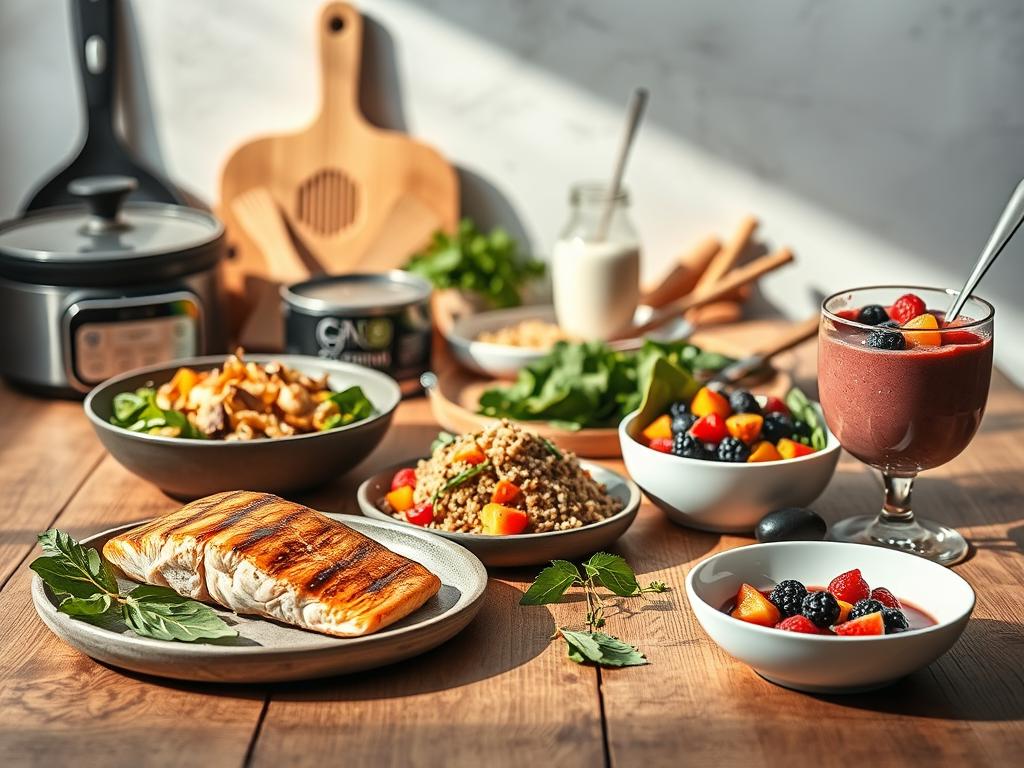 Fitness Gerichte bestellen - Einfach & Gesund! - Ernährung & Rezepte - A stylish still life arrangement showcasing a selection of healthy fitness focused dishes. A 1