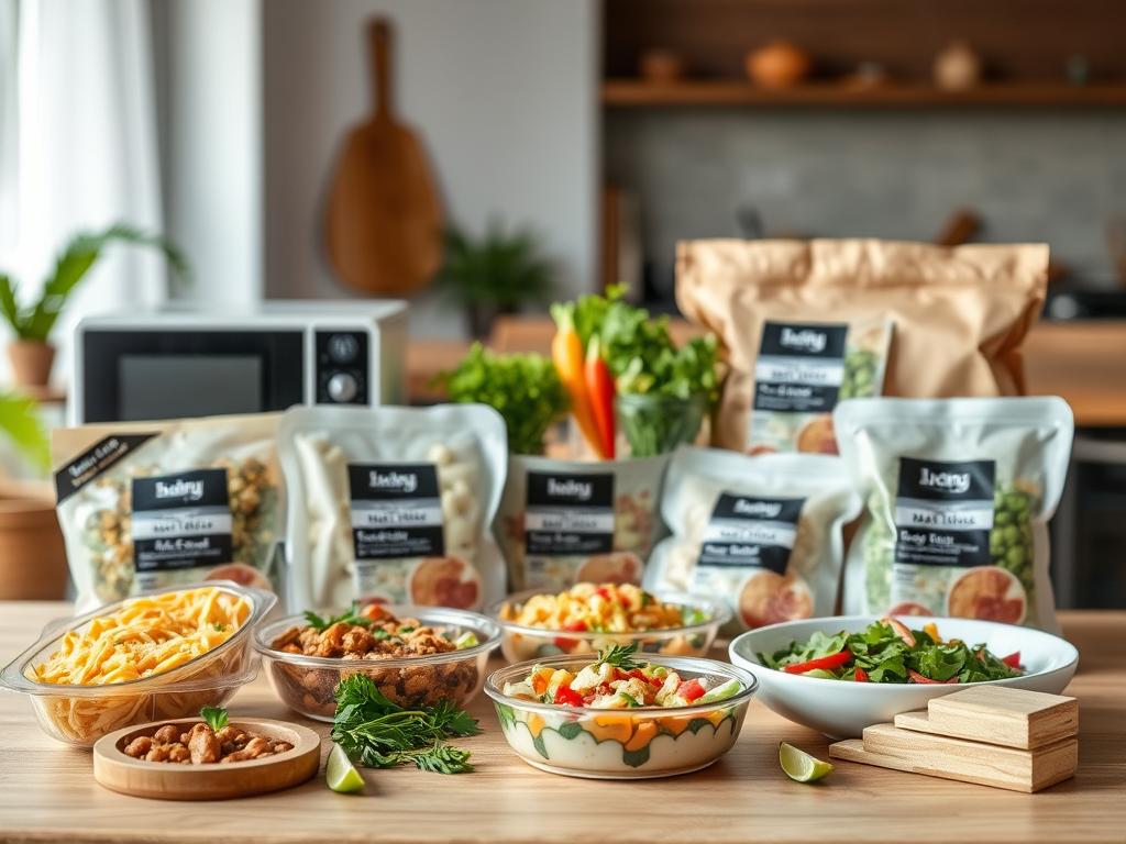 A stylized still life composition featuring a variety of high-quality pre-packaged meals and snacks. The foreground showcases a selection of microwavable entrees, salads, and side dishes, neatly arranged on a wooden table or kitchen countertop. The middle ground includes fresh ingredients like vegetables, herbs, and spices, hinting at the nutritious and flavorful nature of the prepared foods. The background blends soft, natural lighting with a minimalist, modern interior design, creating an inviting and appetizing atmosphere. The overall scene conveys a sense of balanced, healthy indulgence, with attention to visual appeal and culinary craftsmanship.