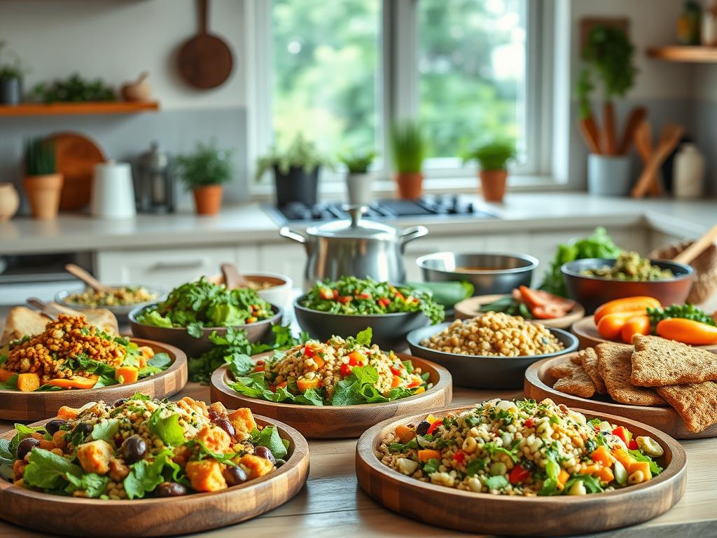 A sumptuous feast of healthy dishes, captured in a warm, inviting kitchen setting. In the foreground, an array of colorful salads, whole grains, and lean proteins artfully arranged on rustic wooden plates. The middle ground features simmering pots and pans, emitting fragrant aromas of herbs and spices. Soft, diffused lighting casts a cozy glow, while the background showcases a clean, minimalist countertop and a window overlooking a lush, verdant garden. The overall atmosphere exudes a sense of balance, nourishment, and culinary delight, perfectly capturing the essence of "Diäten Essen" - delicious and nutritious meals that support a healthy lifestyle.