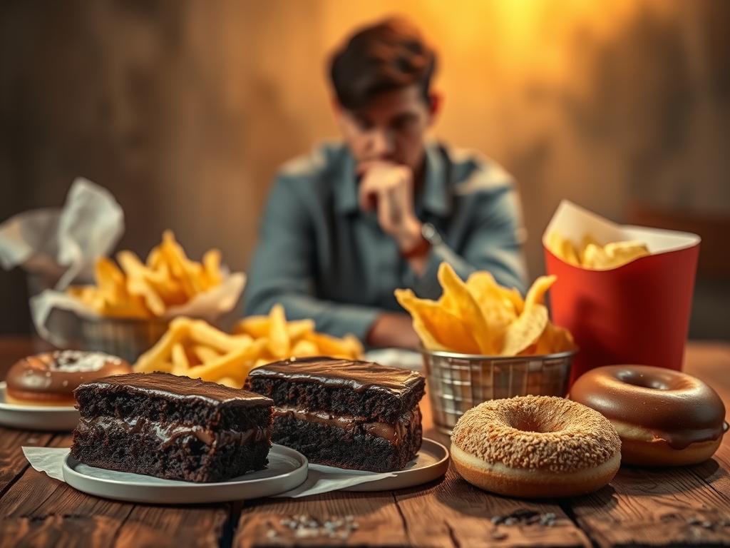 A sumptuous still life depicting the psychological factors behind food cravings. In the foreground, a selection of tempting comfort foods - warm, gooey chocolate cake, fluffy doughnuts, salty potato chips - arranged with deliberate artistry on a rustic wooden table. Soft, indirect lighting casts a cozy, intimate glow, drawing the viewer's eye to the luscious textures and colors. In the middle ground, a figure sits thoughtfully, hand on chin, grappling with the internal tug-of-war between desire and restraint. The background is hazy, out of focus, suggesting the mental and emotional complexities that influence our eating behaviors. The overall mood is one of longing, indulgence, and the universal human experience of craving.