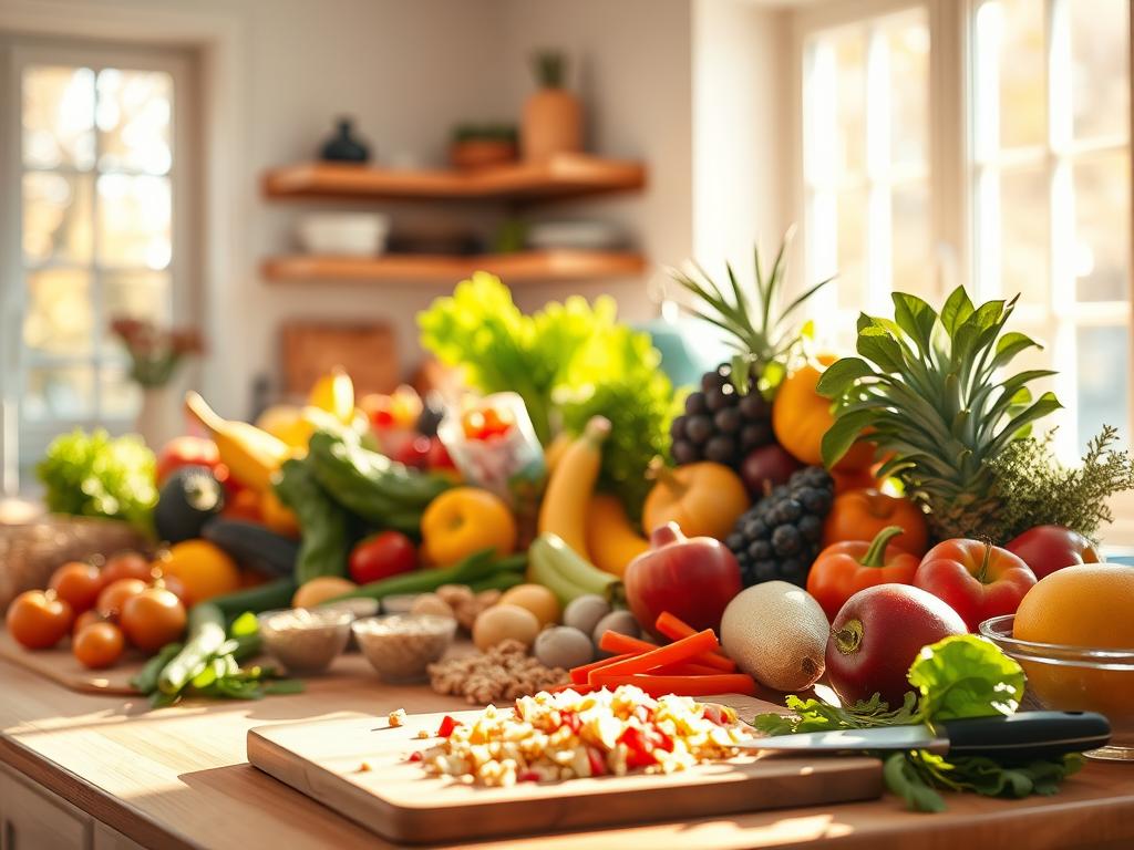 A sun-dappled kitchen countertop overflows with a bountiful display of fresh, colorful produce - vibrant fruits and vegetables, whole grains, and healthy protein sources. Warm natural light filters through large windows, casting a cozy, inviting glow. In the foreground, a cutting board with neatly chopped ingredients hints at the preparation of a nutritious, homemade meal. The scene evokes a sense of wellness, balance, and the daily rituals of mindful, preventative eating. A softly blurred background suggests the peaceful, domestic setting of an everyday healthy lifestyle.