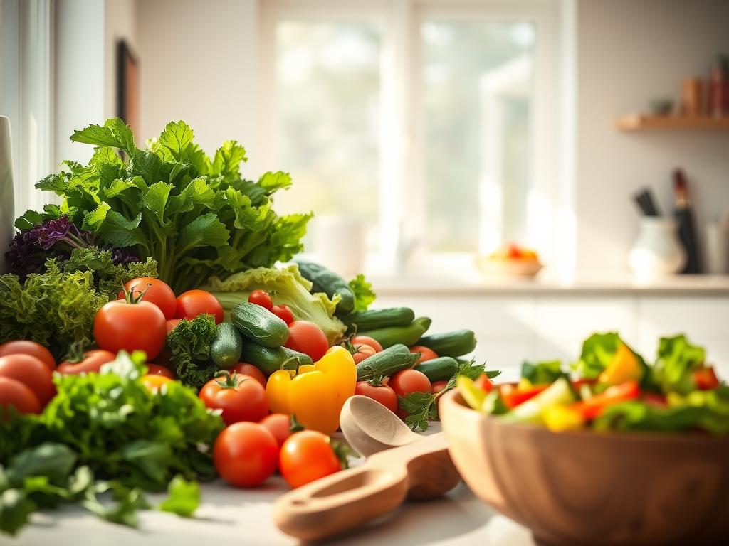 A sunlit kitchen counter overflows with a bountiful spread of fresh, vibrant salad ingredients. Crisp leafy greens, juicy tomatoes, crunchy cucumbers, and colorful bell peppers are expertly arranged, inviting the viewer to indulge in a nourishing and easy-to-prepare meal. The soft, natural lighting casts a warm glow, accentuating the vibrant hues and textures of the produce. In the foreground, a wooden salad bowl and a simple set of utensils hint at the effortless preparation to come, while the background features a minimalist, modern kitchen with clean lines and a serene atmosphere, emphasizing the simplicity of the healthy, delectable salad.
