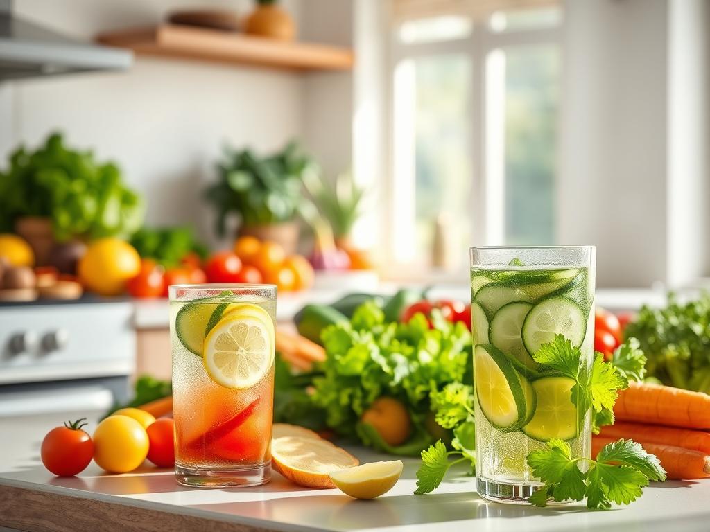 A sunlit kitchen counter overflows with an abundance of fresh, vibrant produce: crisp green lettuce, juicy tomatoes, vibrant carrots, and a variety of other seasonal vegetables. Arranged elegantly, these wholesome ingredients suggest a balanced, nutritious meal. In the foreground, a glass of infused water with slices of lemon and cucumber sits, symbolizing hydration and well-being. The warm, natural lighting creates a calming, inviting atmosphere, while the clean, minimalist countertop provides a simple backdrop that emphasizes the healthy, unprocessed nature of the scene. This image captures the essence of a sustainable, effective weight loss journey without invasive procedures, promoting a holistic approach to nourishing the body. A sunlit kitchen counter overflows with an abundance of fresh, vibrant produce: crisp green lettuce, juicy tomatoes, vibrant carrots, and a variety of other seasonal vegetables. Arranged elegantly, these wholesome ingredients suggest a balanced, nutritious meal. In the foreground, a glass of infused water with slices of lemon and cucumber sits, symbolizing hydration and well-being. The warm, natural lighting creates a calming, inviting atmosphere, while the clean, minimalist countertop provides a simple backdrop that emphasizes the healthy, unprocessed nature of the scene. This image captures the essence of a sustainable, effective weight loss journey without invasive procedures, promoting a holistic approach to nourishing the body.