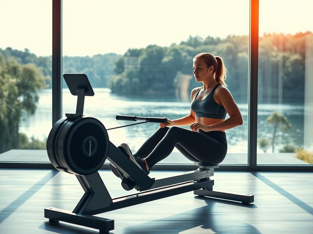 A sunlit, motivational rowing machine setup in a modern, minimalist home gym. The machine is the focal point, with an athlete in activewear using it intently, their face determined. Behind, a large window offers a view of a serene lake and lush greenery, evoking a sense of tranquility and connection to nature. Soft, directional lighting from the side casts a warm glow, highlighting the athlete's form and the machine's sleek design. The overall atmosphere is one of focus, discipline, and a drive to achieve personal fitness goals. A sunlit, motivational rowing machine setup in a modern, minimalist home gym. The machine is the focal point, with an athlete in activewear using it intently, their face determined. Behind, a large window offers a view of a serene lake and lush greenery, evoking a sense of tranquility and connection to nature. Soft, directional lighting from the side casts a warm glow, highlighting the athlete's form and the machine's sleek design. The overall atmosphere is one of focus, discipline, and a drive to achieve personal fitness goals.