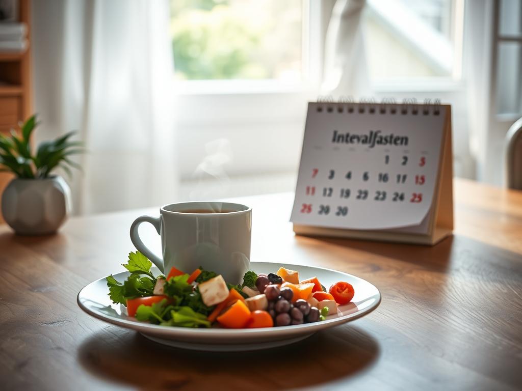 A tranquil kitchen scene with a plate of healthy food and a steaming cup of coffee on a wooden table. In the background, a calendar prominently displays the words "Intervallfasten" to highlight the fasting period. Soft, natural lighting filters through a window, creating a warm, inviting atmosphere. The composition emphasizes simplicity and mindfulness, reflecting the principles of intermittent fasting. The overall scene conveys a sense of balance, discipline, and the benefits of this lifestyle practice.