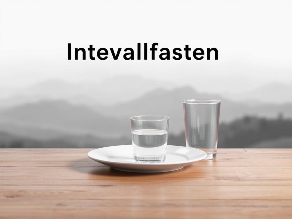 A tranquil, minimalist scene depicting the concept of "Intervallfasten". In the foreground, a simple plate with a glass of water sits on a wooden table, symbolizing the temporary abstinence from food. The middle ground features a serene landscape with rolling hills and a soft, diffused light, conveying a sense of calm and introspection. The background is a muted, monochromatic palette, allowing the central elements to take center stage. The overall composition exudes a meditative, balanced atmosphere, inviting the viewer to contemplate the potential benefits of intermittent fasting as an alternative weight loss method.