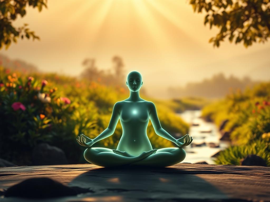 A tranquil, serene scene depicting the essence of "Energiefasten" - the fusion of the energetic body and the calming spirit. In the foreground, a lithe, luminescent figure meditates in a lotus position, their aura radiating a sense of inner peace and vitality. The middle ground features a lush, verdant landscape, with vibrant flora and a gently flowing stream, evoking the natural harmony of the mind and body. The background is bathed in a soft, golden light, creating an atmosphere of warmth and rejuvenation. The overall composition conveys a harmonious balance between the physical, mental, and spiritual aspects of wellbeing.