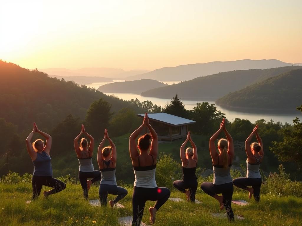 A tranquil, serene weight-loss retreat for women surrounded by lush, verdant hills. In the foreground, a group of women engage in a gentle, restorative yoga session, their poses silhouetted against the warm, golden light of the setting sun. In the middle ground, a modern, minimalist cabin nestled among the trees, its clean lines and natural materials in harmony with the environment. In the background, a picturesque lake reflects the surrounding landscape, its calm waters a soothing contrast to the energetic activities taking place. The overall atmosphere is one of peace, balance, and self-care, inviting the viewer to imagine the transformative power of this specialized women's weight-loss camp.