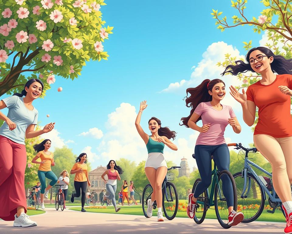 A vibrant and dynamic illustration capturing the essence of women engaging in sports during their menstrual cycle. In the foreground, a diverse group of women in modest athletic wear participate in various activities like running, yoga, and cycling, showcasing joy and determination. The middle ground features a serene park scene with blooming flowers and lush greenery, symbolizing health and vitality. The background includes a bright blue sky with soft, fluffy clouds, creating an uplifting atmosphere. Use warm, natural lighting to highlight the women's expressions of empowerment and confidence. The angle of the scene should be slightly elevated, providing a broad view of the energetic environment. The overall mood should be positive and encouraging, emphasizing the importance of staying active during menstruation.