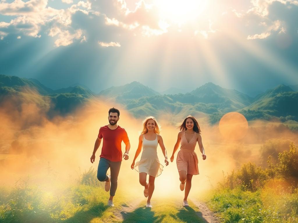 A vibrant and dynamic scene depicting successful individuals on their energy-fasting journey. In the foreground, three figures stride purposefully, their expressions radiant with newfound vitality. They are surrounded by an ethereal, glowing energy field that pulses with warmth and vitality. In the middle ground, lush, verdant landscapes unfold, representing the transformative power of the energy-fasting process. Sunlight filters through wispy clouds, casting a soft, golden glow over the entire scene. In the background, towering mountains rise up, symbolic of the personal growth and inner strength gained through this transformative experience. The overall mood is one of triumph, achievement, and renewed zest for life.