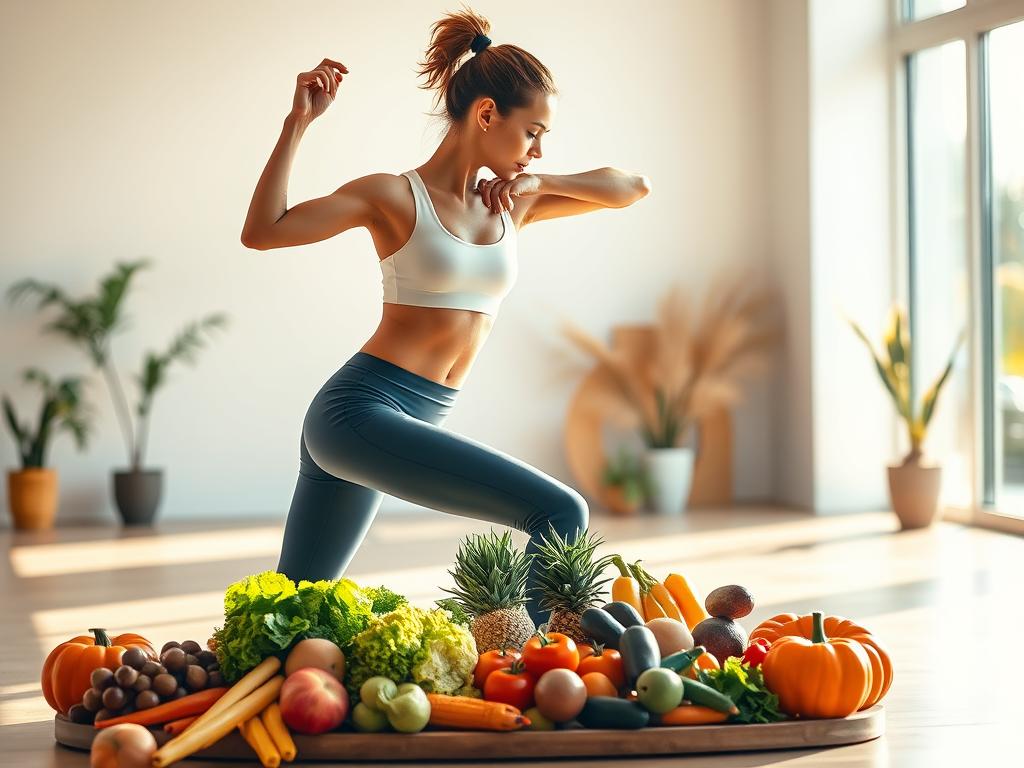 A vibrant and energetic scene depicting the intersection of women's nutrition and fitness. In the foreground, a fit and toned female athlete performs a dynamic yoga pose, her body radiating strength and grace. In the middle ground, an array of fresh, colorful produce is artfully arranged, representing the nutritious fuel that powers her workout. The background showcases a minimalist, sun-drenched fitness studio, with clean lines and a serene atmosphere that inspires wellness. Warm, natural lighting casts a soft glow, highlighting the woman's determination and the healthful bounty before her. The overall composition conveys the transformative power of mindful nutrition and dedicated exercise, a testament to the fitness journey of empowered women.