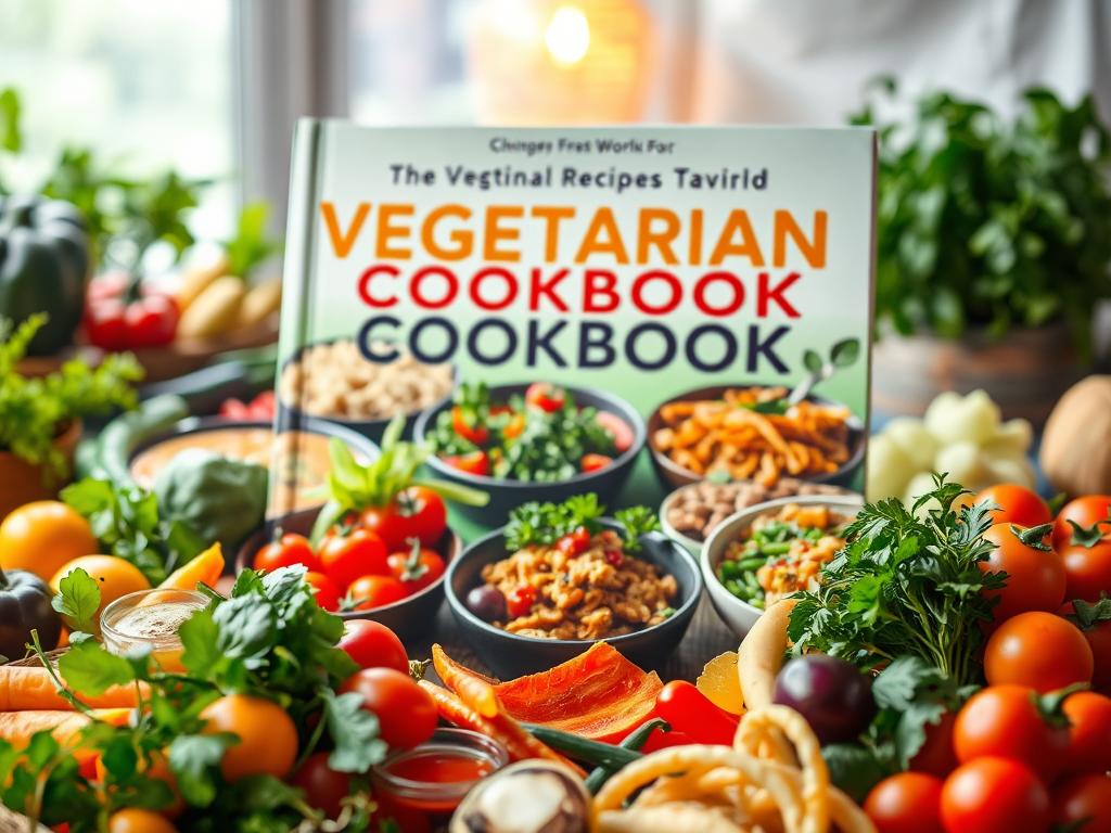A vibrant and inviting vegetarian cookbook cover, featuring an array of international dishes. In the foreground, an assortment of fresh, colorful vegetables and herbs are artfully arranged, capturing the essence of diverse culinary traditions. The middle ground showcases a variety of tempting plant-based meals, presented in an appetizing manner. In the background, a soft, warm light illuminates the scene, creating a cozy and welcoming atmosphere. The overall composition conveys a sense of global culinary exploration, inspiring the reader to discover new and exciting vegetarian recipes from around the world. A vibrant and inviting vegetarian cookbook cover, featuring an array of international dishes. In the foreground, an assortment of fresh, colorful vegetables and herbs are artfully arranged, capturing the essence of diverse culinary traditions. The middle ground showcases a variety of tempting plant-based meals, presented in an appetizing manner. In the background, a soft, warm light illuminates the scene, creating a cozy and welcoming atmosphere. The overall composition conveys a sense of global culinary exploration, inspiring the reader to discover new and exciting vegetarian recipes from around the world.