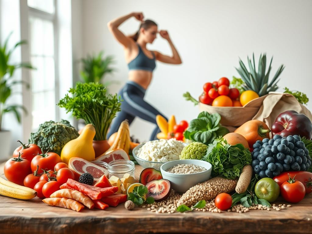 A vibrant and nourishing scene of healthy eating and active lifestyle, captured in a crisp and well-lit photograph. In the foreground, an array of fresh fruits, vegetables, lean proteins, and whole grains are artfully arranged on a rustic wooden table. In the middle ground, a person in athletic wear performs a dynamic exercise, their movements conveying strength and determination. The background features an open, airy space with natural lighting, evoking a sense of wellness and balance. The overall composition and color palette create an inviting, motivational atmosphere, perfectly encapsulating the idea of "Ernährung zum Abnehmen mit Sport".