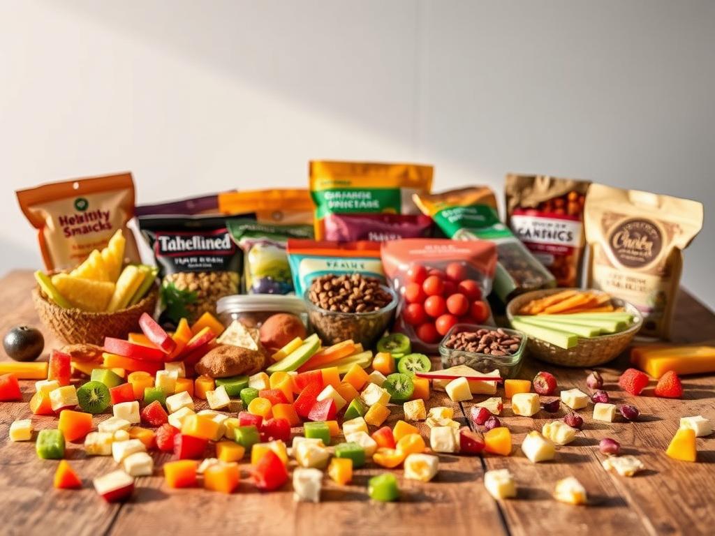 A vibrant assortment of fresh, ready-to-eat snacks arranged on a rustic wooden table, bathed in warm, natural lighting. In the foreground, a variety of colorful, bite-sized finger foods, such as sliced fruits, veggie sticks, and artisanal cheese cubes, casually scattered across the surface. In the middle ground, a selection of pre-packaged healthy snacks, including trail mixes, granola bars, and dried fruit pouches, creating a visually appealing spread. The background features a minimalist, uncluttered space, allowing the delectable snacks to take center stage and exude a sense of effortless, nourishing indulgence.