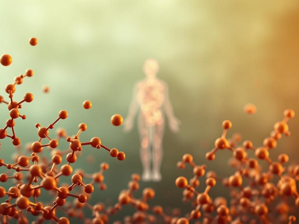 A vibrant, dynamic image depicting the stimulating effects of amino acids on metabolism. In the foreground, an array of diverse amino acid molecules in warm, earthy tones swirl and interact, symbolizing the complex biochemical processes at work. In the middle ground, a shimmering, stylized human figure, transparent yet radiating energy, represents the human body's metabolic pathways being invigorated. The background features a subtly textured, gradient-based backdrop in muted greens and blues, evoking a sense of natural balance and harmony. Soft, diffused lighting casts a gentle, natural glow across the scene, creating a sense of vitality and well-being. Overall, the image conveys the notion of amino acids as catalysts for a healthier, more vibrant metabolism. A vibrant, dynamic image depicting the stimulating effects of amino acids on metabolism. In the foreground, an array of diverse amino acid molecules in warm, earthy tones swirl and interact, symbolizing the complex biochemical processes at work. In the middle ground, a shimmering, stylized human figure, transparent yet radiating energy, represents the human body's metabolic pathways being invigorated. The background features a subtly textured, gradient-based backdrop in muted greens and blues, evoking a sense of natural balance and harmony. Soft, diffused lighting casts a gentle, natural glow across the scene, creating a sense of vitality and well-being. Overall, the image conveys the notion of amino acids as catalysts for a healthier, more vibrant metabolism.