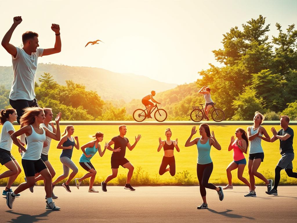 A vibrant, dynamic scene showcasing various sports that aid in weight loss. In the foreground, an energetic group of people performing high-intensity exercises, such as jumping jacks, burpees, and lunges, under the warm glow of natural lighting. In the middle ground, individuals engaged in low-impact activities like swimming, cycling, and yoga, all set against a backdrop of lush, verdant landscapes. The composition captures the diversity of effective weight-loss exercises, with a focus on their practical and accessible nature. The overall mood is one of vitality, motivation, and a sense of achievable fitness goals.
