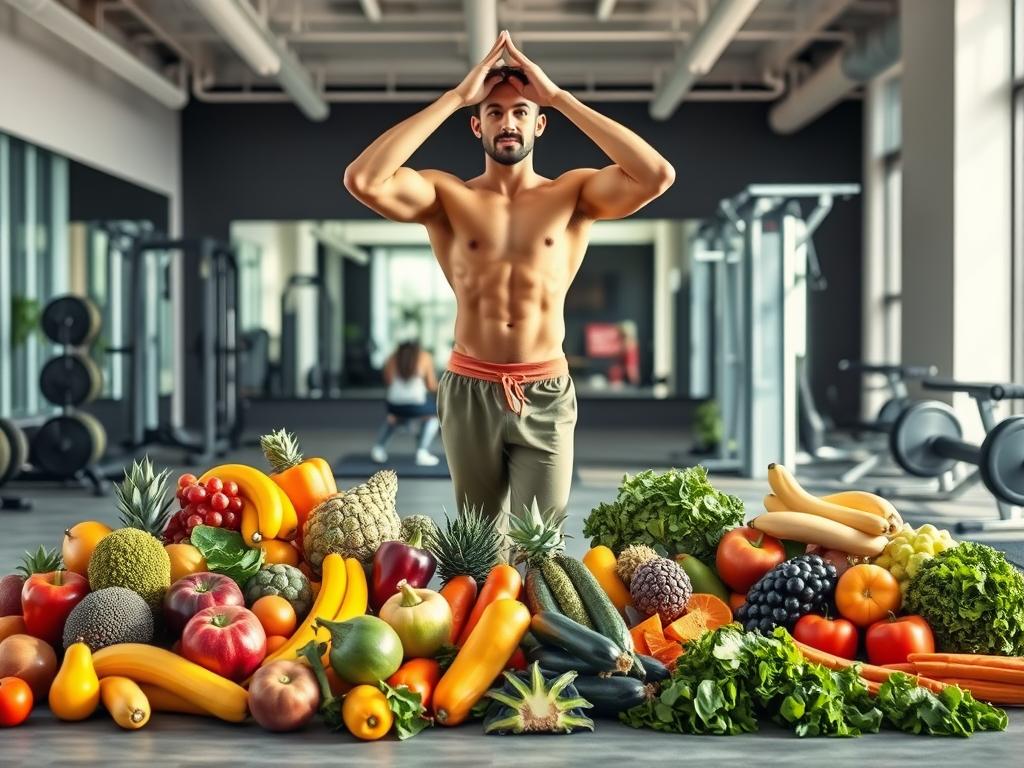 A vibrant, energetic scene depicting the perfect fusion of nutrition and fitness. In the foreground, a muscular, fit individual stands in a dynamic yoga pose, their body radiating strength and vitality. The middle ground showcases an array of fresh, colorful fruits and vegetables, symbolizing a balanced, nutrient-rich diet. In the background, a sleek, modern gym setting with state-of-the-art equipment sets the stage for a comprehensive fitness regime. Soft, natural lighting illuminates the scene, creating a sense of warmth and wellness. The overall atmosphere conveys the powerful synergy between nourishing the body and pushing physical boundaries, inspiring the viewer to pursue their own journey towards a fit, healthy lifestyle.
