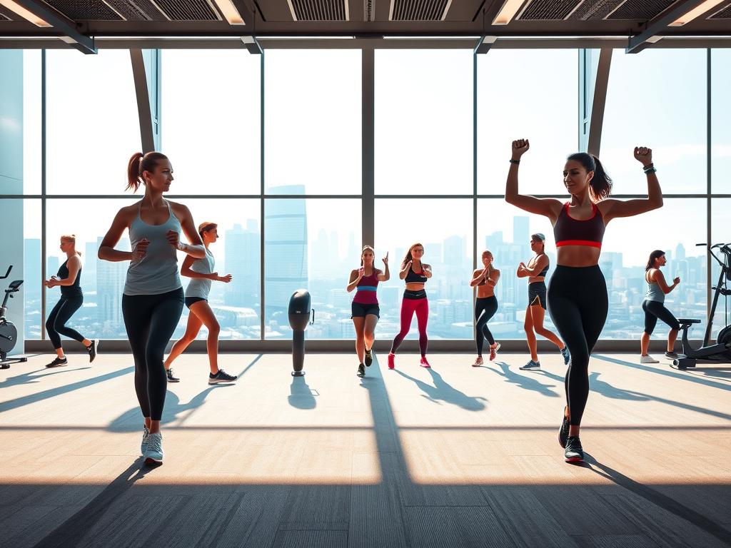A vibrant, futuristic fitness studio set against a sleek, minimalist backdrop. In the foreground, a diverse group of fitness enthusiasts engaging in a variety of modern workout routines - high-intensity interval training, yoga, and strength training with resistance bands. The lighting is bright and directional, casting dynamic shadows and highlighting the dynamic poses of the figures. The middle ground features the latest fitness equipment and wearable technology, including smart watches, heart rate monitors, and AI-powered training apps. In the background, a panoramic window offers a view of a bustling, technologically-advanced urban landscape, symbolizing the integration of fitness and technology in the year 2023.