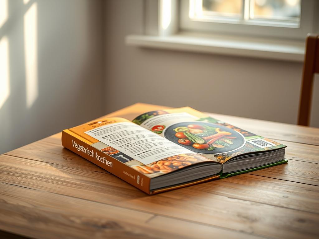 A vibrant, hardcover book titled "Vegetarisch kochen" lies open on a wooden table, its pages displaying tempting vegetarian recipes. Soft natural light filters through a nearby window, casting a warm glow over the book's earthy color scheme. The book's cover features an artfully arranged assortment of fresh vegetables, hinting at the delicious, plant-based meals within. The composition evokes a sense of culinary inspiration and the joys of preparing nourishing, meat-free dishes. A serene, minimalist background enhances the book's prominence, allowing it to take center stage as a gateway to the world of vegetarian cooking. A vibrant, hardcover book titled "Vegetarisch kochen" lies open on a wooden table, its pages displaying tempting vegetarian recipes. Soft natural light filters through a nearby window, casting a warm glow over the book's earthy color scheme. The book's cover features an artfully arranged assortment of fresh vegetables, hinting at the delicious, plant-based meals within. The composition evokes a sense of culinary inspiration and the joys of preparing nourishing, meat-free dishes. A serene, minimalist background enhances the book's prominence, allowing it to take center stage as a gateway to the world of vegetarian cooking.