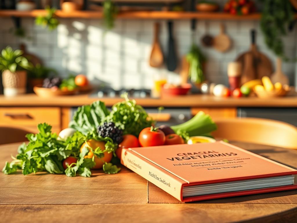 A vibrant, hardcover vegetarian cookbook with a clean, minimalist cover design sits prominently on a wooden table. Warm, natural lighting bathes the scene, casting soft shadows and highlights the book's tactile, matte finish. In the middle ground, fresh seasonal produce - crisp greens, vibrant vegetables, and colorful fruits - are arranged artfully, hinting at the creative, nourishing recipes within. The background features a cozy, rustic kitchen interior with hints of greenery, kitchen tools, and other cooking accoutrements, evoking a sense of culinary inspiration and homely comfort. A vibrant, hardcover vegetarian cookbook with a clean, minimalist cover design sits prominently on a wooden table. Warm, natural lighting bathes the scene, casting soft shadows and highlights the book's tactile, matte finish. In the middle ground, fresh seasonal produce - crisp greens, vibrant vegetables, and colorful fruits - are arranged artfully, hinting at the creative, nourishing recipes within. The background features a cozy, rustic kitchen interior with hints of greenery, kitchen tools, and other cooking accoutrements, evoking a sense of culinary inspiration and homely comfort.