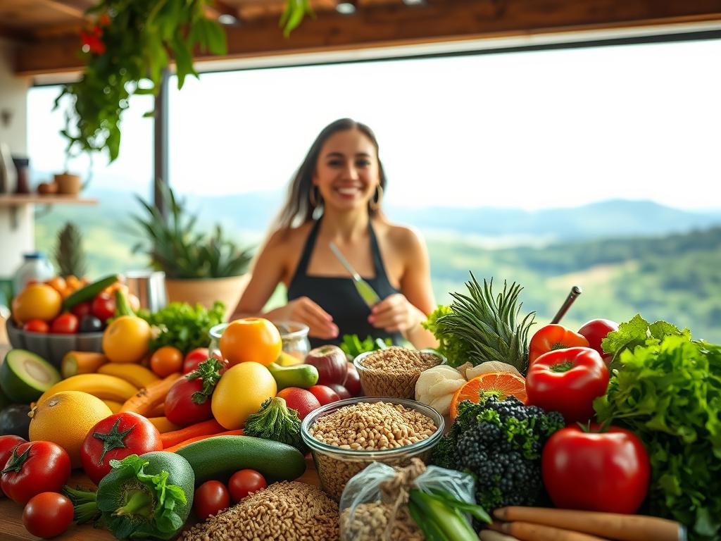 A vibrant, high-definition image depicting the benefits of preventive nutrition. In the foreground, a lush, colorful array of fresh fruits, vegetables, and whole grains arranged in a visually appealing composition, illuminated by warm, natural lighting. In the middle ground, a person joyfully preparing a healthy meal, their expression radiating a sense of vitality and well-being. The background showcases a serene, verdant landscape, hinting at the connection between nutritious eating and a balanced, sustainable lifestyle. The overall atmosphere conveys a sense of harmony, abundance, and the empowering potential of preventive nutrition to nourish both body and mind.