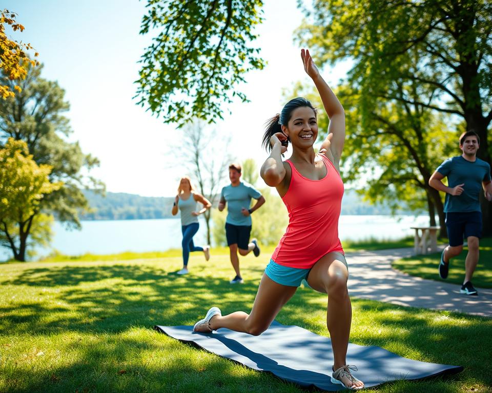 A vibrant outdoor fitness scene depicting a diverse group of individuals engaged in various exercises in a sunny park. In the foreground, a woman in a bright tank top and shorts is performing a yoga pose on a mat, while a man in a fitted sports shirt does push-ups on the grass. In the middle ground, two friends are jogging along a winding path, radiating energy and enthusiasm. The background features lush green trees, a clear blue sky, and a distant view of a serene lake, creating a peaceful yet motivational atmosphere. The sunlight filters through the leaves, casting playful shadows. The image conveys a sense of community, vitality, and the joy of outdoor fitness, captured from a slightly elevated angle to encompass the full scene.